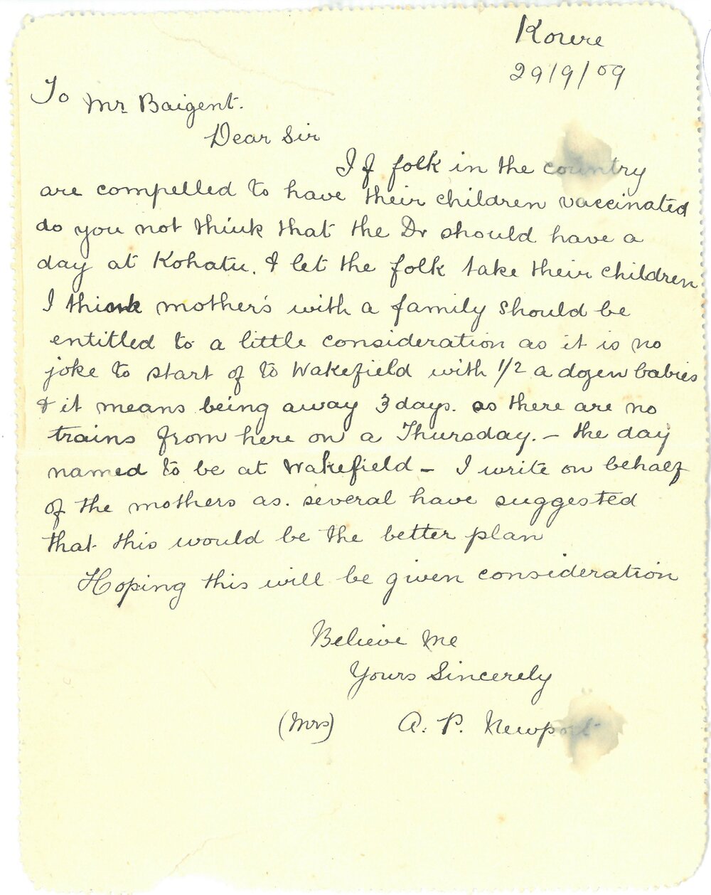 Letter to Dr Baigent concerning Smallpox vaccination of Korere children