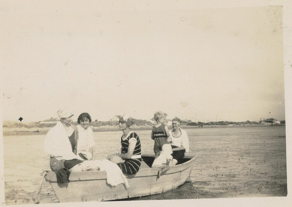 Six people in a boat, Foxton, 1929