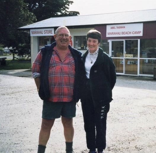 Peter and Sandra Alborn outside the Marahau Store 1997