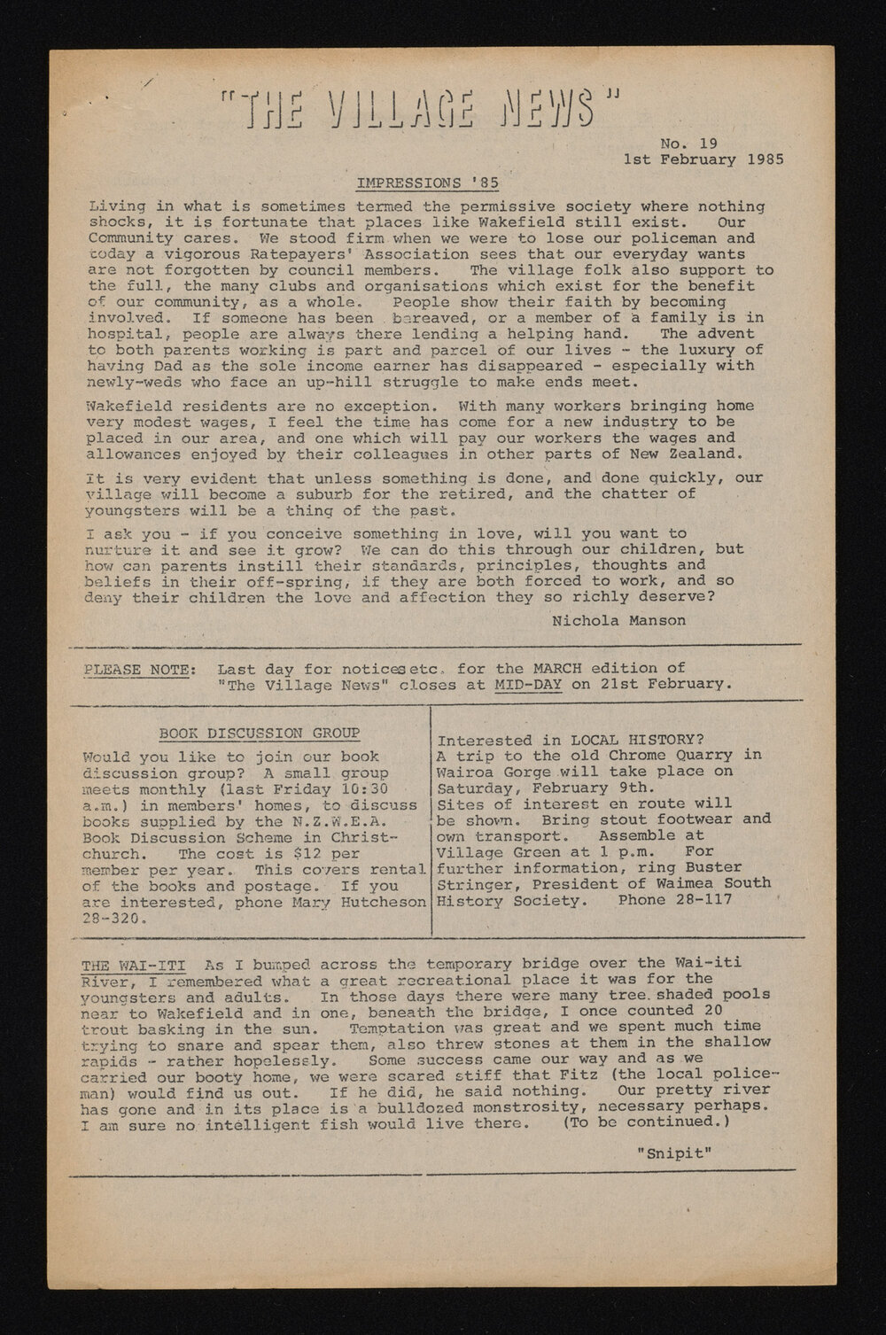 Village News 1985 February