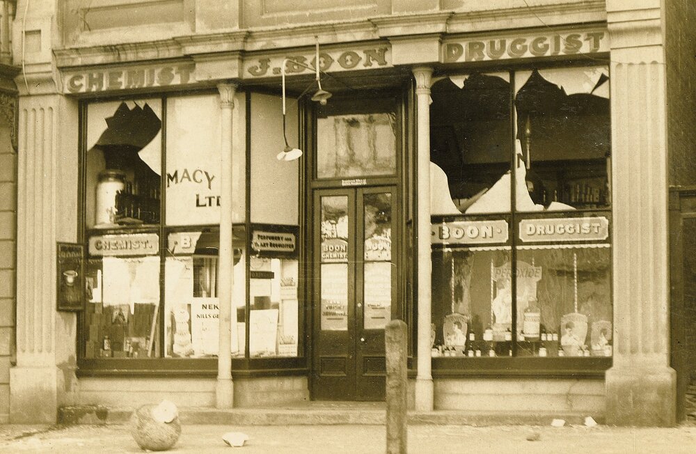 Damage to a chemist shop in Nelson following the Murchison Earthquake