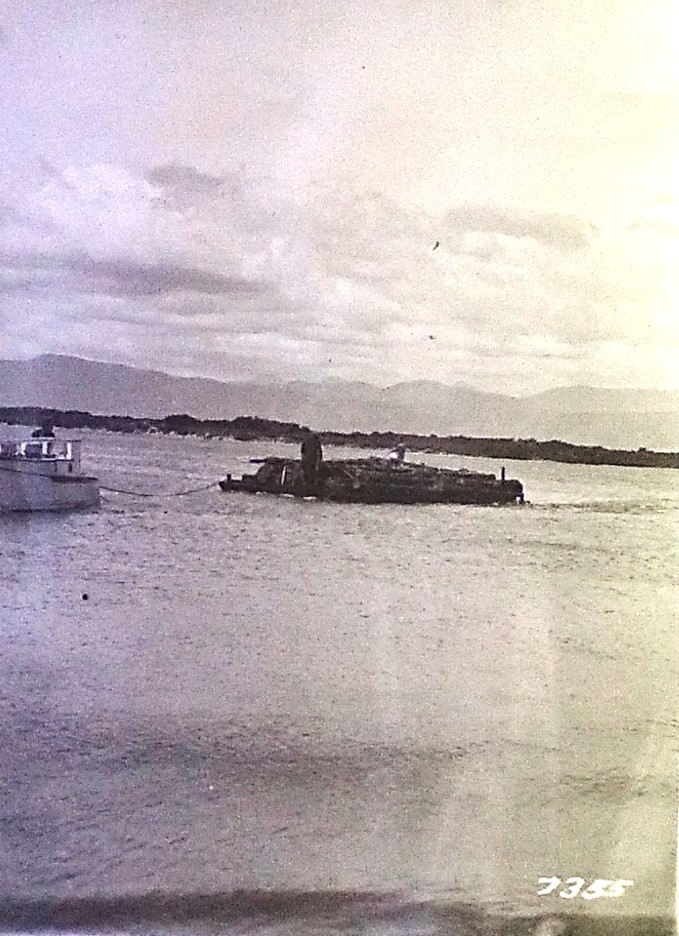 Logs being floated from Moturoa/Rabbit Island to Māpua for Baigent Bros