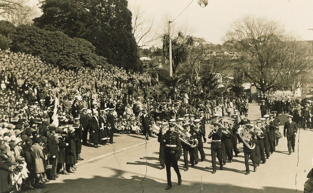 Military band and naval procession down Trafalgar Street