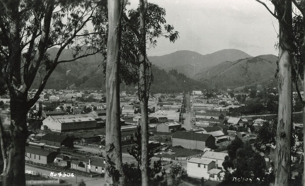 Nelson city with railway buildings in the foreground