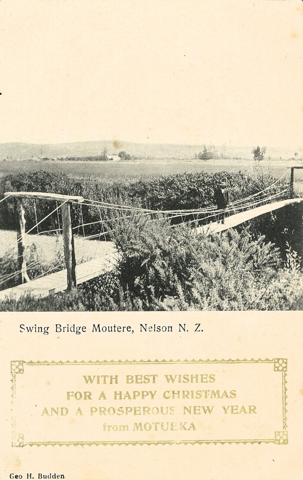 Christmas card of a swing bridge at Moutere