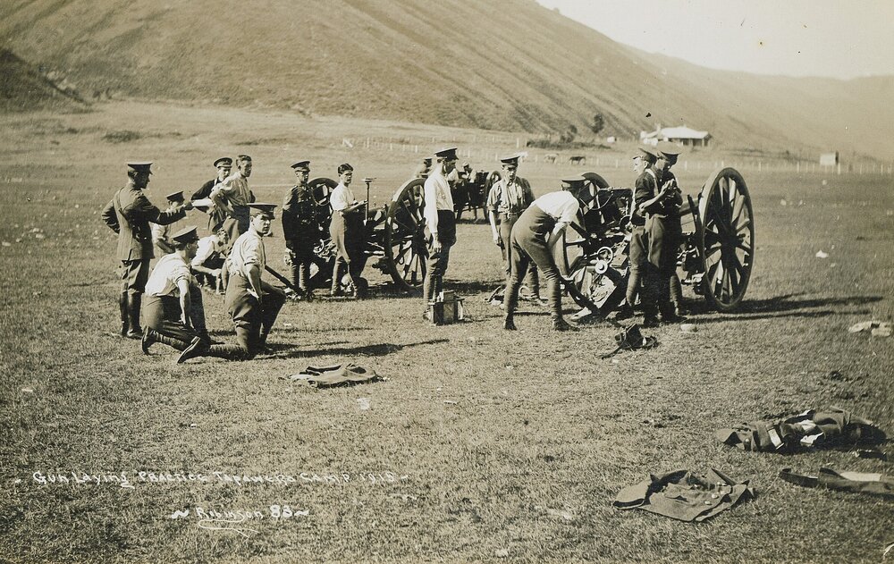 Soldiers at gun laying practice at Tapawera