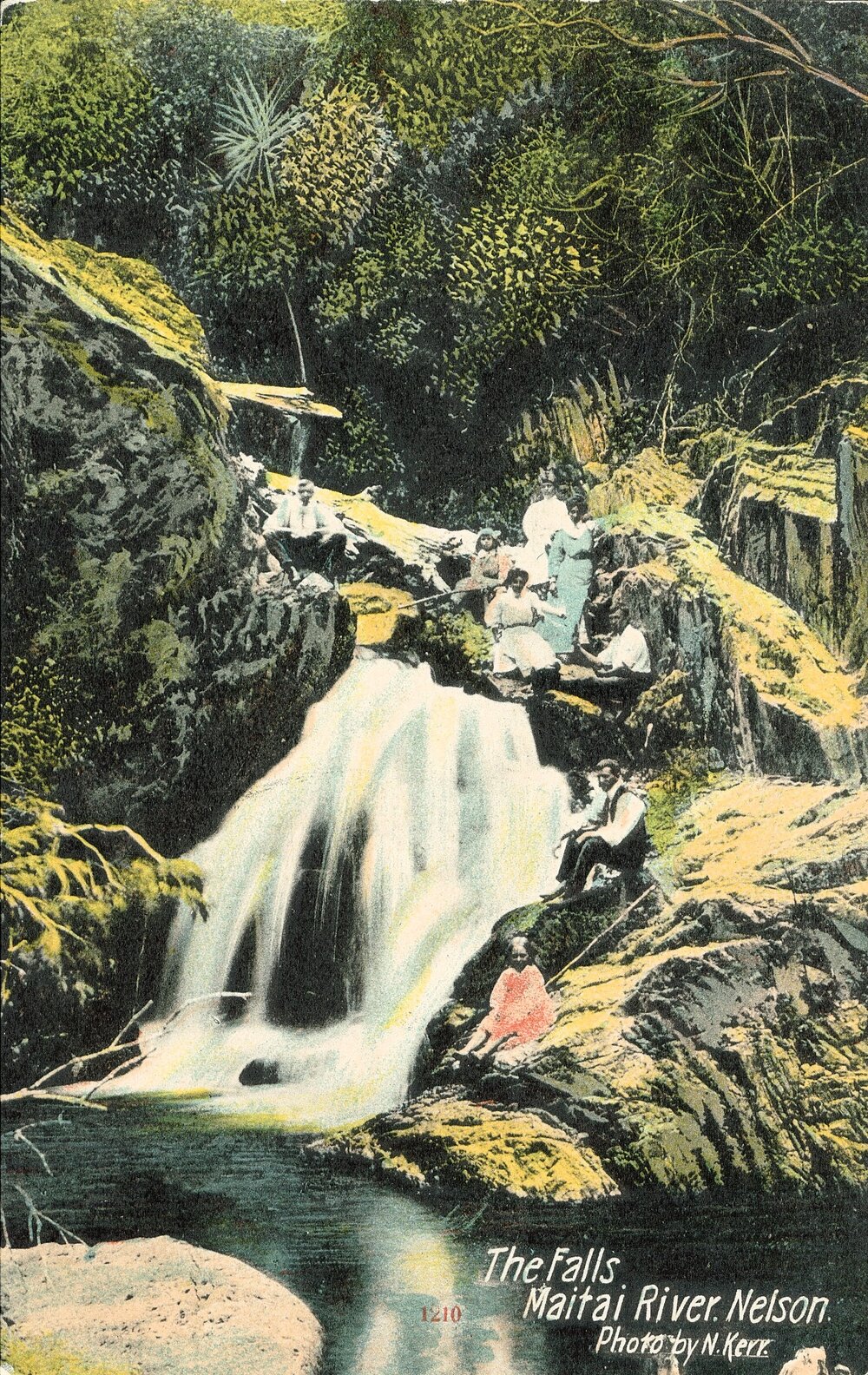 Group at the falls on the Maitai River / Mahitahi