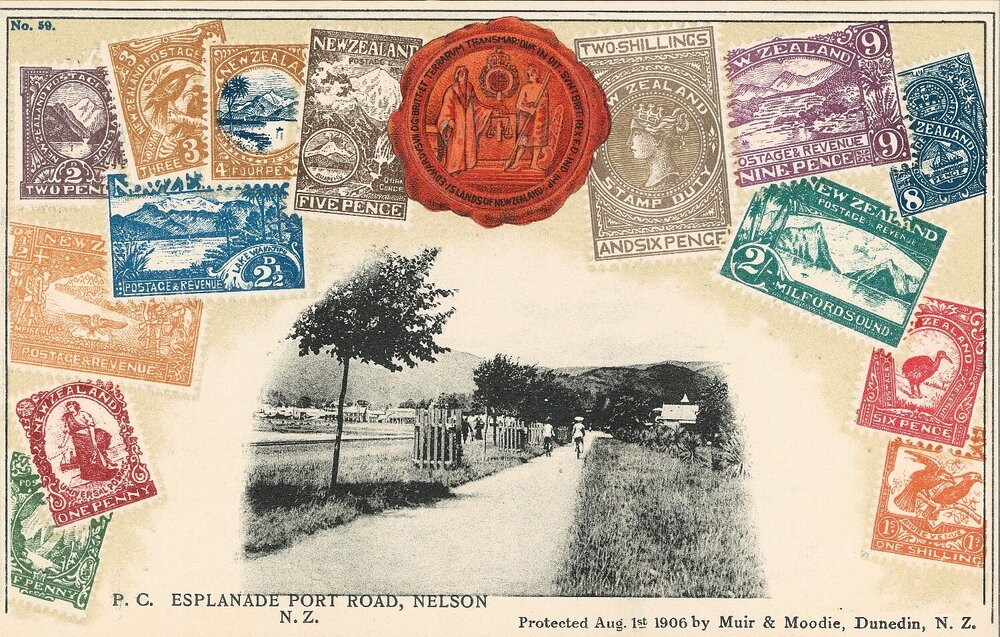 Postcards of Nelson with decorative stamp details
