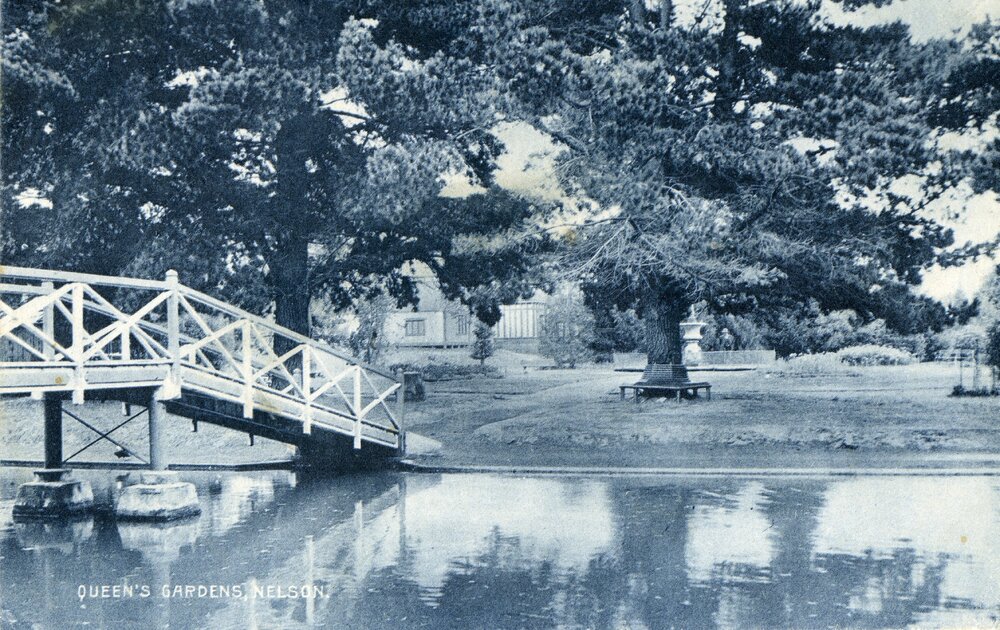 Blue tinted postcard of the Queen's Gardens