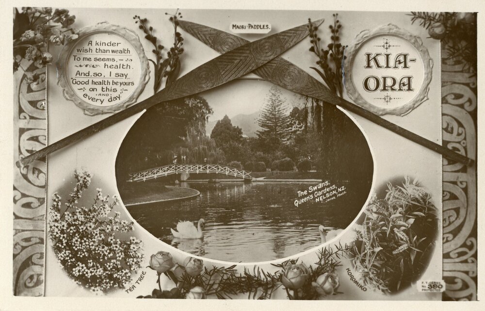 Decorative health and swans themed postcard