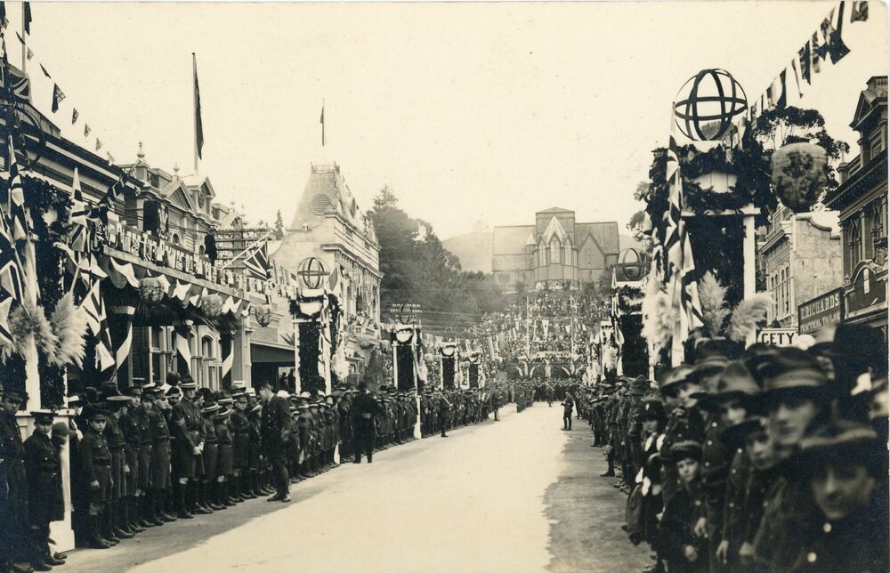 Large crowd including cadets gathers on Trafalgar Street