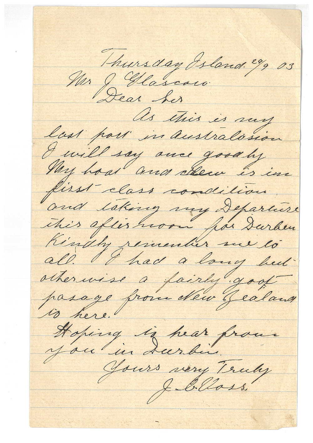 Tilikum letters from Captain Voss