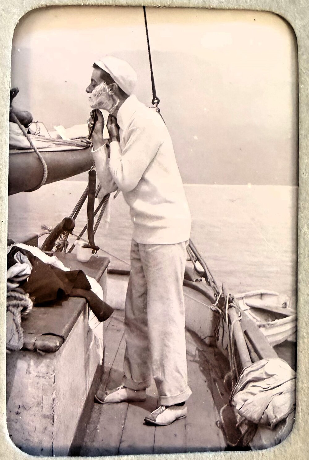 Shaving on the deck of the yacht