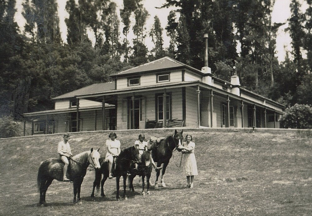 Children with horses and house on a hill