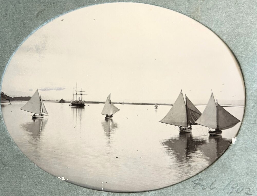 Sailboats and steamer in front of Haulashore Island 