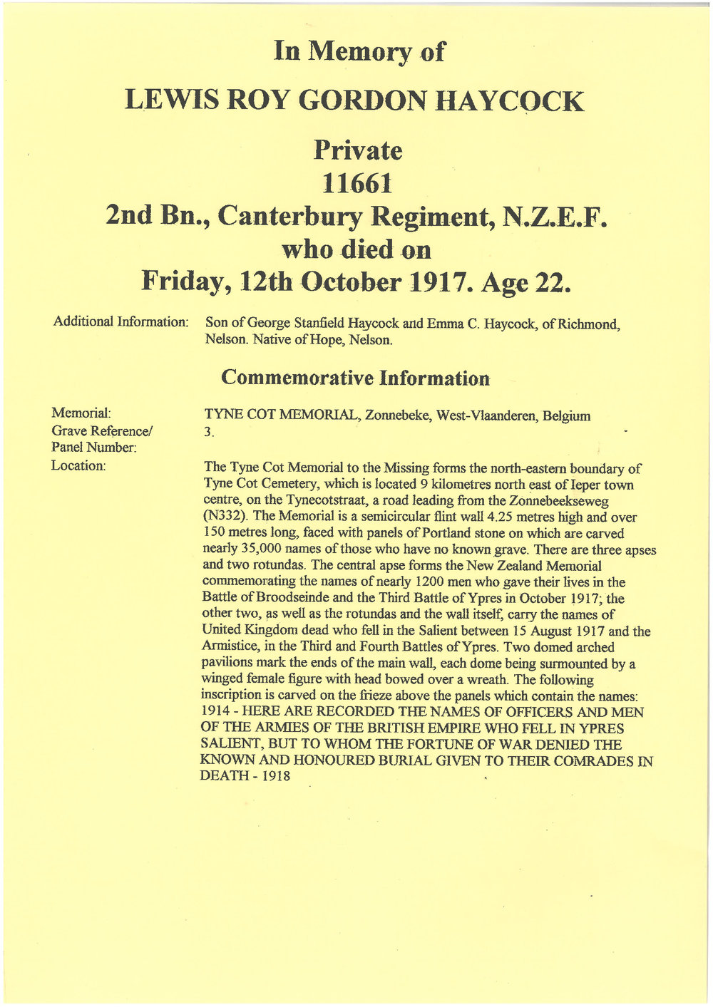 Haycock, Lewis Roy Gordon