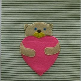 Applique bear with pink heart on a stripey background