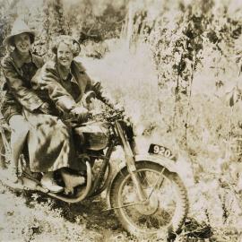 Ladies on motorcycle in the hop vines, 1952