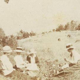 Four women picnicing in a field