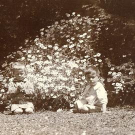 Two young boys in front of flowers