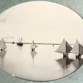 Sailboats and steamer in front of Haulashore Island 